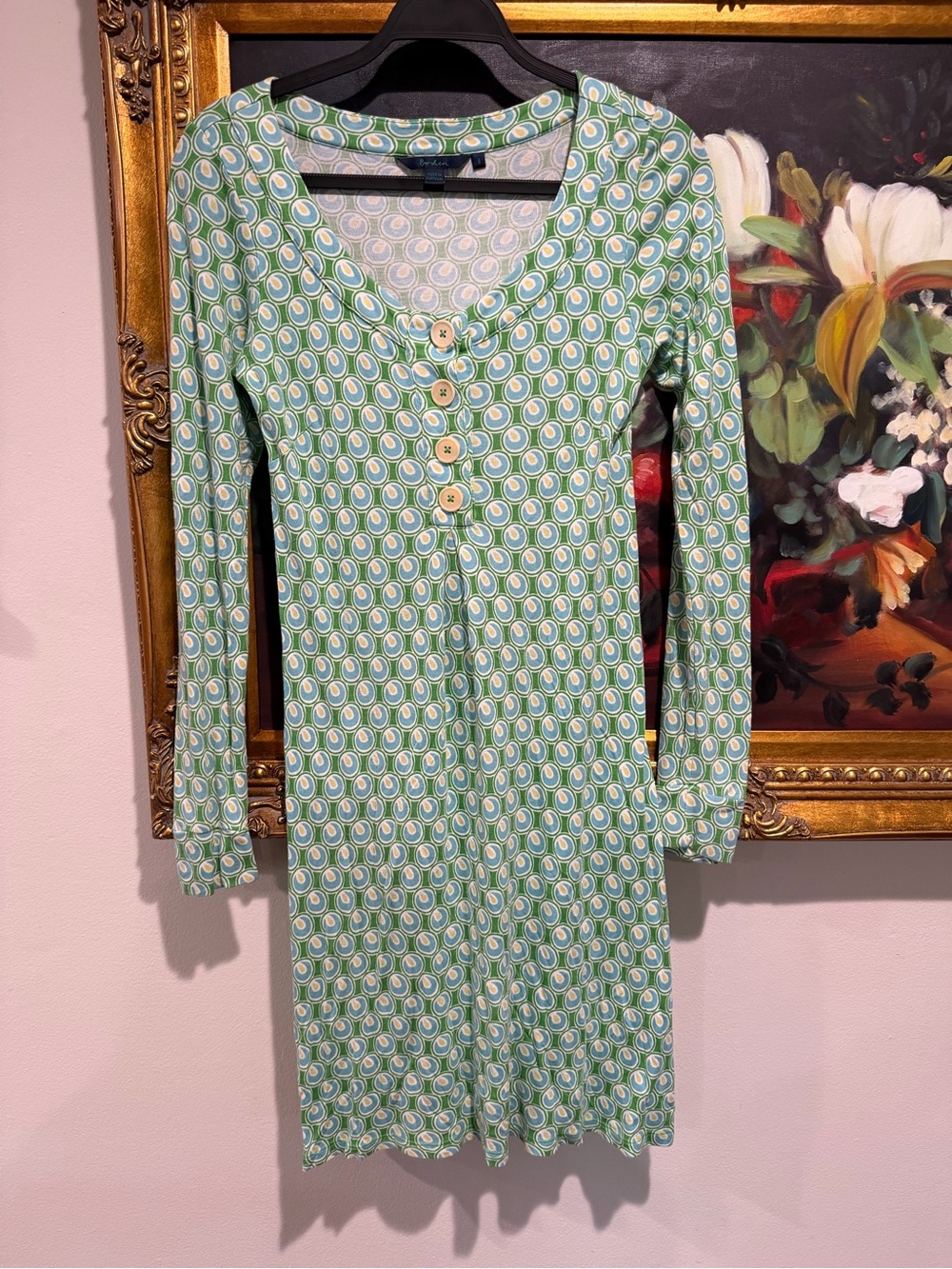 Boden Green Retro Print Long Sleeve Button Dress